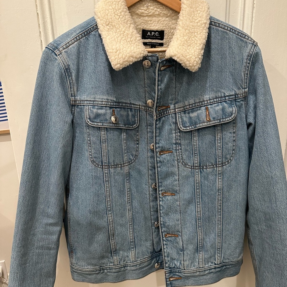 A.P.C. Light Blue Denim Jacket with Shearling Collar
